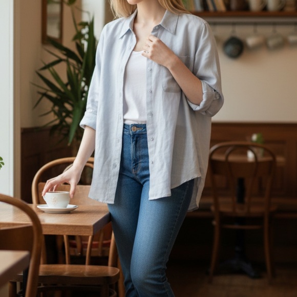 Liz Claiborne Liz Sport Medium 100% Linen Light Grey Button Down Shirt - Picture 1 of 6